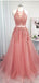 Pink Halter A-line Sleeveless Long Prom Dresses Online,Dance Dresses,12481