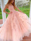 Peach Lace A-line Spaghetti Straps Cheap Long Prom Dresses Online,12617