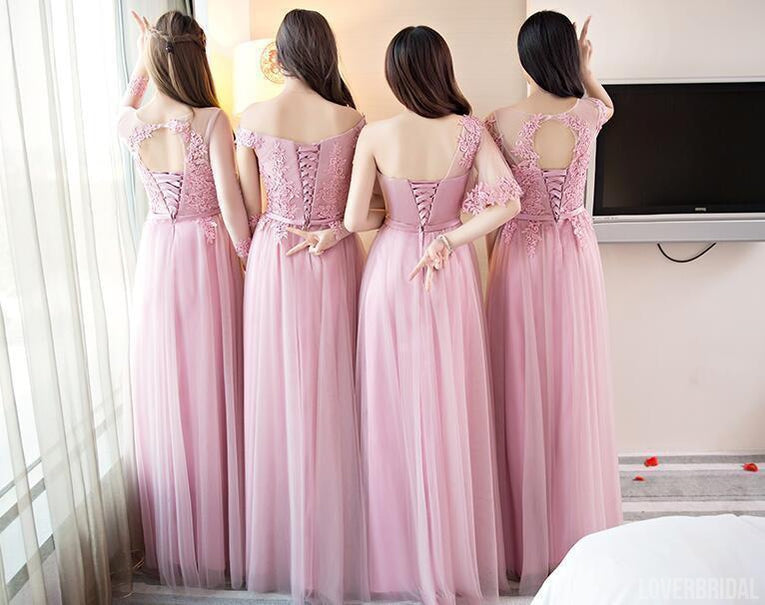 Pink Lace Tulle Long Bridesmaid Dresses, Mismatched Custom Long Bridesmaid Dresses, Cheap Bridesmaid Gowns, BD002