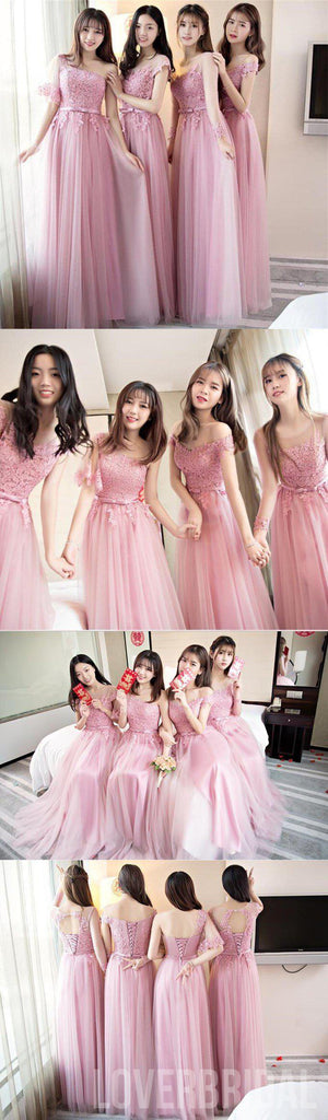 Pink Lace Tulle Long Bridesmaid Dresses, Mismatched Custom Long Bridesmaid Dresses, Cheap Bridesmaid Gowns, BD002