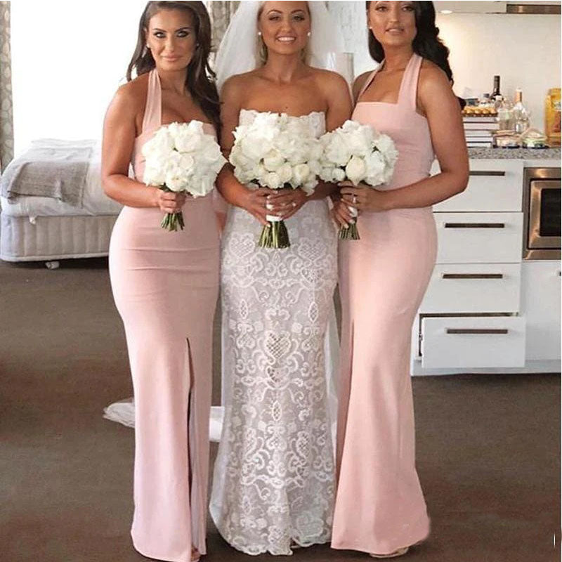 Pink Mermaid Halter Side Slit Cheap Long Bridesmaid Dresses,WG1330