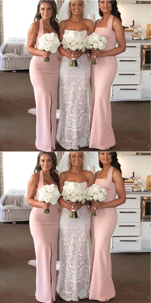 Pink Mermaid Halter Side Slit Cheap Long Bridesmaid Dresses,WG1330