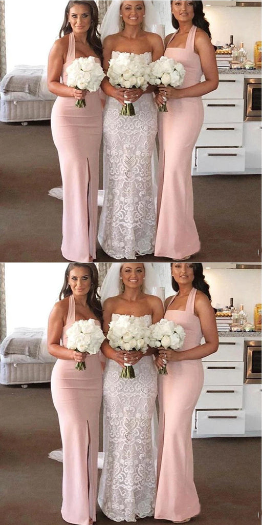 Pink Mermaid Halter Side Slit Cheap Long Bridesmaid Dresses,WG1330