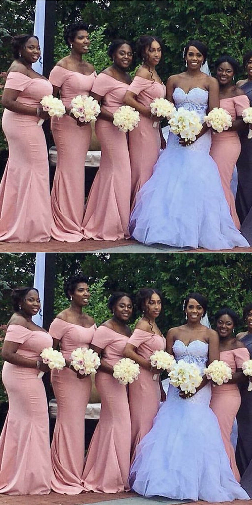 Pink Mermaid Off Shoulder Cheap Long Bridesmaid Dresses,WG1224