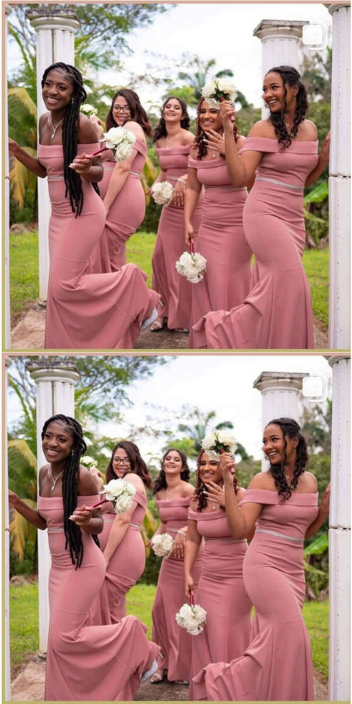 Pink Mermaid Off Shoulder Cheap Long Bridesmaid Dresses,WG1241