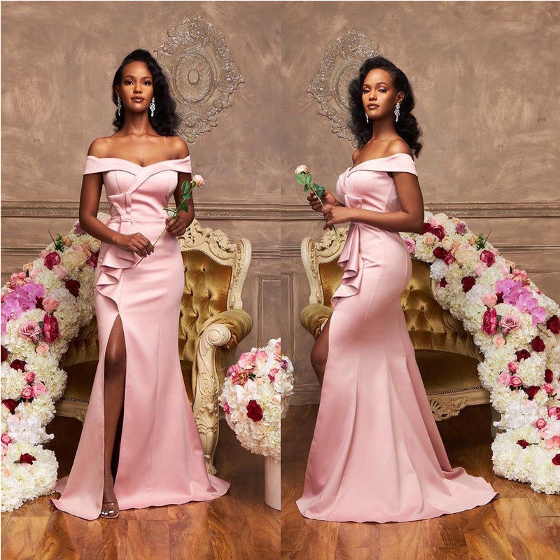 Pink Mermaid Off Shoulder High Slit Cheap Long Bridesmaid Dresses,WG1112