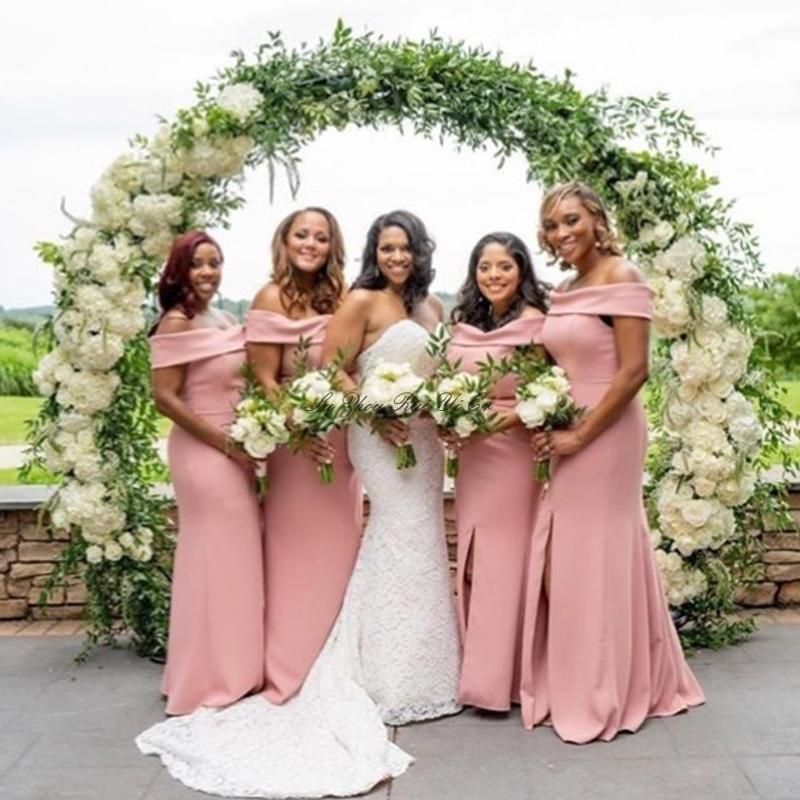 Pink Mermaid Off Shoulder High Slit Long Bridesmaid Dresses Gown Online,WG918