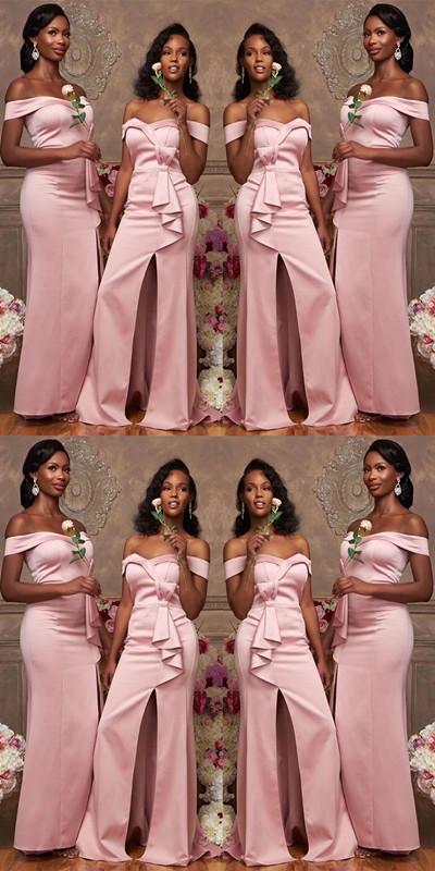 Pink Mermaid Off Shoulder Side Slit Cheap Long Bridesmaid Dresses Online,WG985