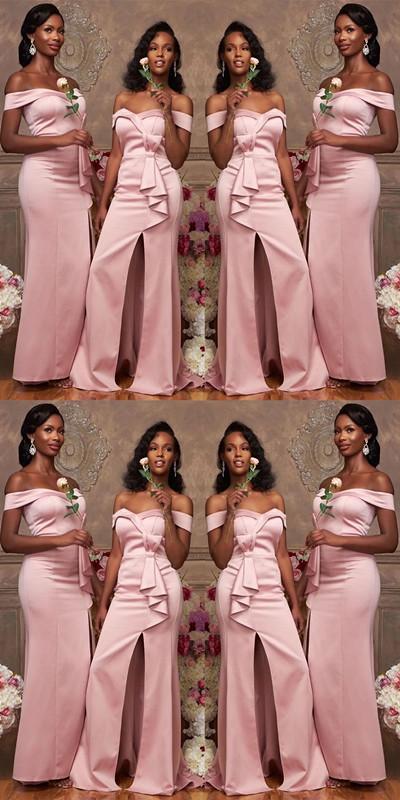 Pink Mermaid Off Shoulder Side Slit Cheap Long Bridesmaid Dresses Online,WG985