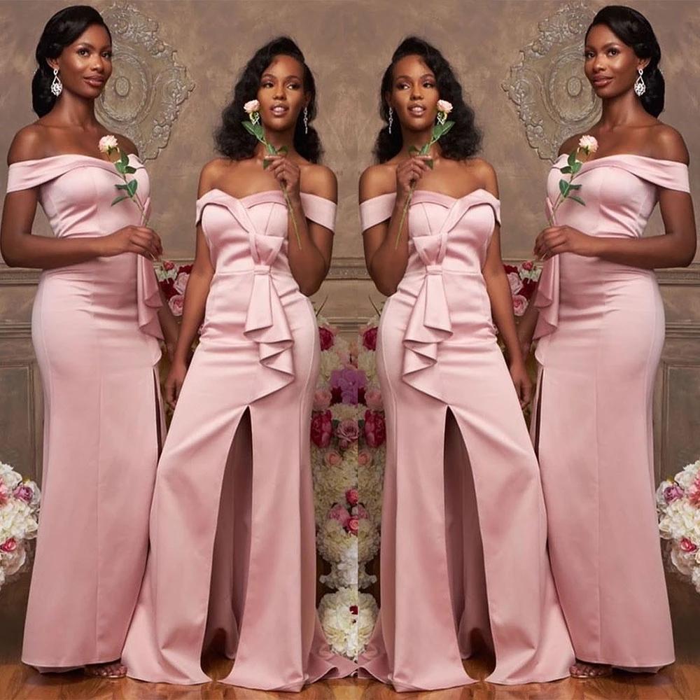 Pink Mermaid Off Shoulder Side Slit Cheap Long Bridesmaid Dresses Online,WG985