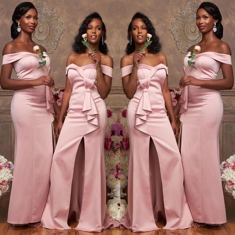 Pink Mermaid Off Shoulder Side Slit Cheap Long Bridesmaid Dresses Online,WG985