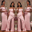Pink Mermaid Off Shoulder Side Slit Cheap Long Bridesmaid Dresses Online,WG985