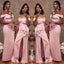 Pink Mermaid Off Shoulder Side Slit Cheap Long Bridesmaid Dresses Online,WG985