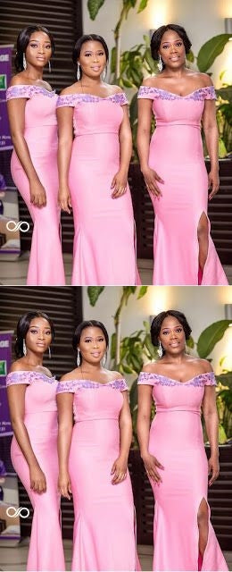 Pink Mermaid Off Shoulder Side Slit Cheap Long Bridesmaid Dresses,WG1403