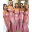 Pink Mermaid Off Shoulder Side Slit V-neck Cheap Long Bridesmaid Dresses,WG1184
