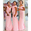 Pink Mermaid Off Shoulder V-neck Cheap Long Bridesmaid Dresses,WG1282