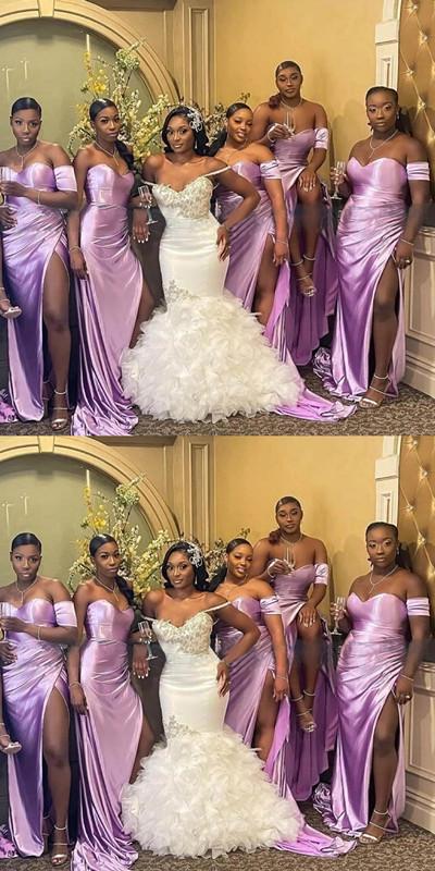 Pink Mermaid One Shoulder High Slit Cheap Long Bridesmaid Dresses Online,WG994