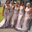 Pink Mermaid Spaghetti Straps High Slit V-neck Long Bridesmaid Dresses Gown Online,WG920