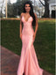 Pink Mermaid Spaghetti Straps V-neck Backless Long Prom Dresses Online,12414