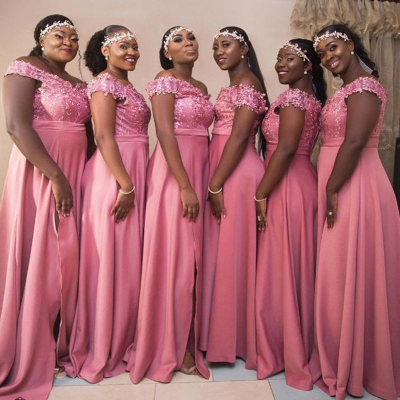 Pink Off Shoulder A-line Side Slit Cheap Long Bridesmaid Dresses Online,WG1472