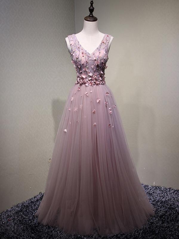 Pink See Through V Neck A-line Tulle Long Evening Prom Dresses, 17616