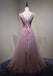 Pink See Through V Neck A-line Tulle Long Evening Prom Dresses, 17616