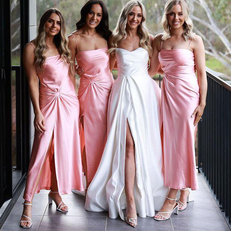 Pink Sheath Spaghetti Straps High Slit Cheap Bridesmaid Dresses,WG1358