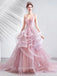 Pink V-Neck A-line Ruffle Evening Prom Dresses, Evening Party Prom Dresses, 12210