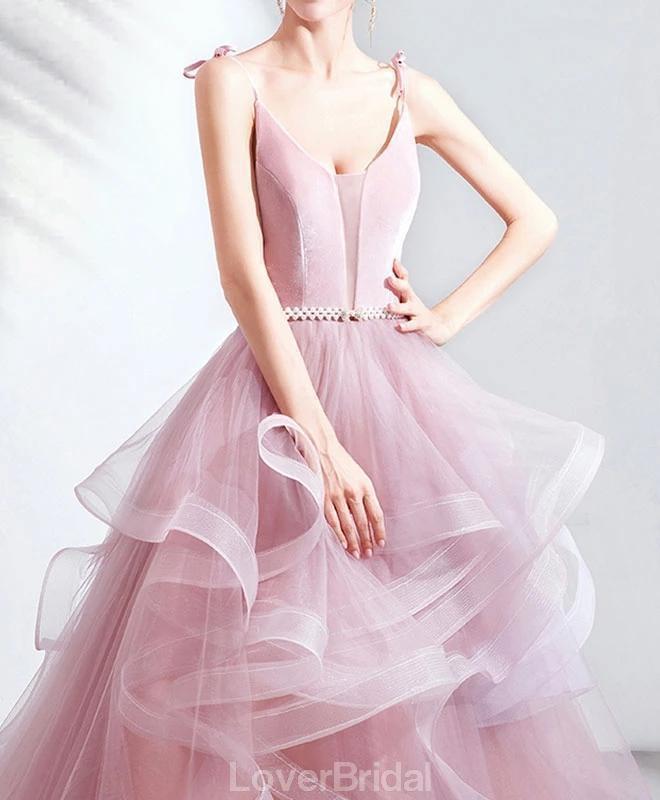 Pink V-Neck A-line Ruffle Evening Prom Dresses, Evening Party Prom Dresses, 12210