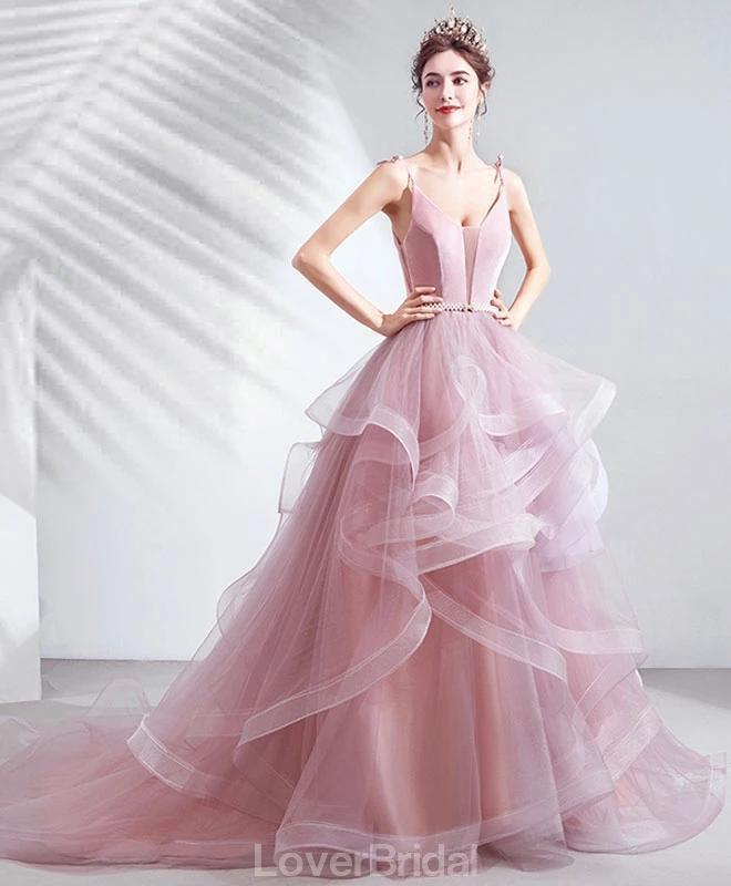 Pink V-Neck A-line Ruffle Evening Prom Dresses, Evening Party Prom Dresses, 12210