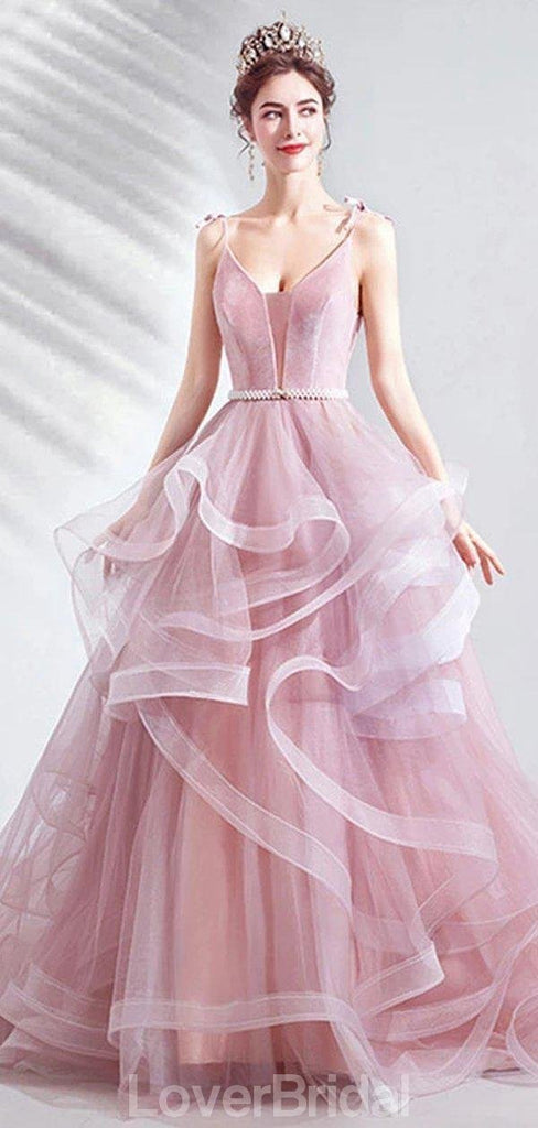 Pink V-Neck A-line Ruffle Evening Prom Dresses, Evening Party Prom Dresses, 12210