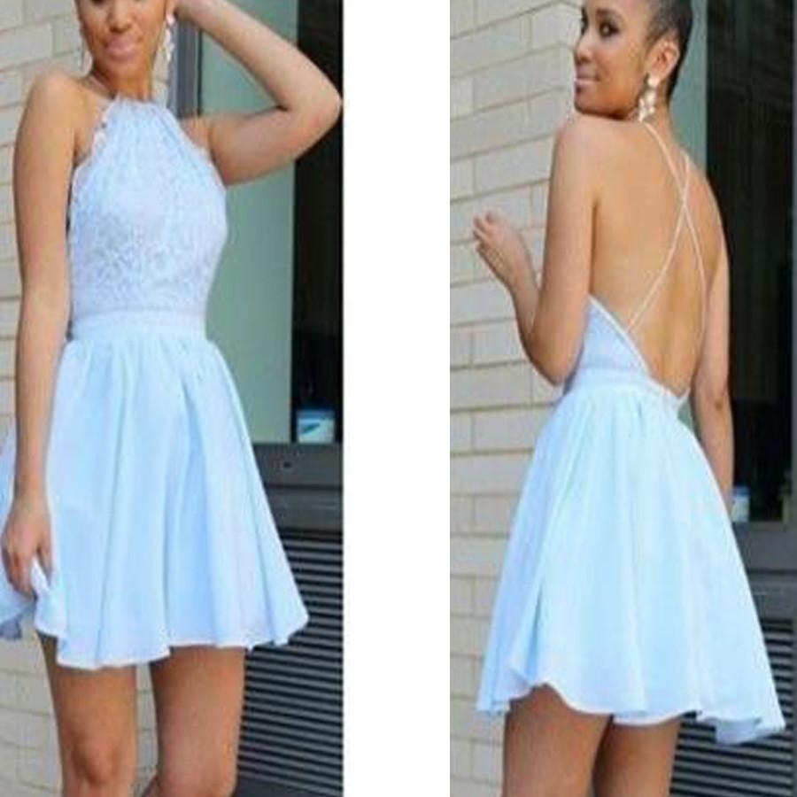 Popular baby blue open back halter sexy unique style freshman homecoming prom dresses, BD00139