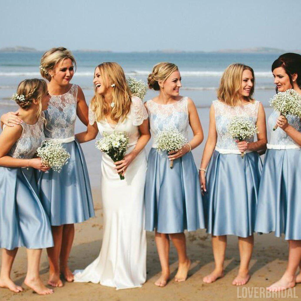 Popular Junior Pretty Blue Satin White Lace Short Bridesmaid Dresses for Summer Beach Wedding Party, WG181