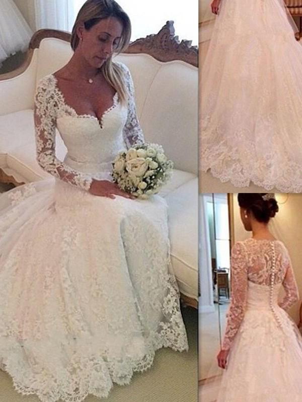 Popular Long Sleeves Lace A-line Cheap Wedding Dresses Online, WD400