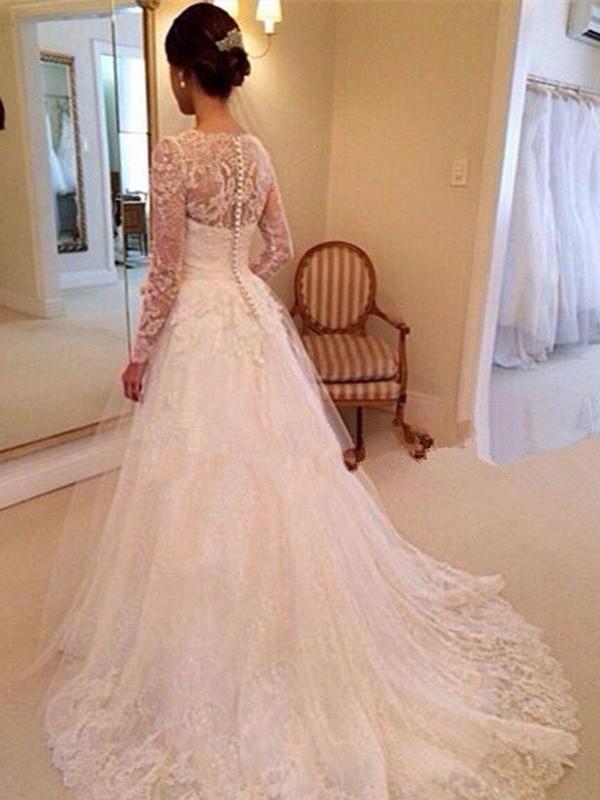 Popular Long Sleeves Lace A-line Cheap Wedding Dresses Online, WD400