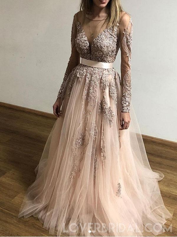 Popular Long Sleeves Lace Cheap Long Evening Prom Dresses, Custom Sweet16 Dresses, 18414