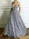 Popular V Neck Gray Flower A-line Long Evening Prom Dresses, 17634