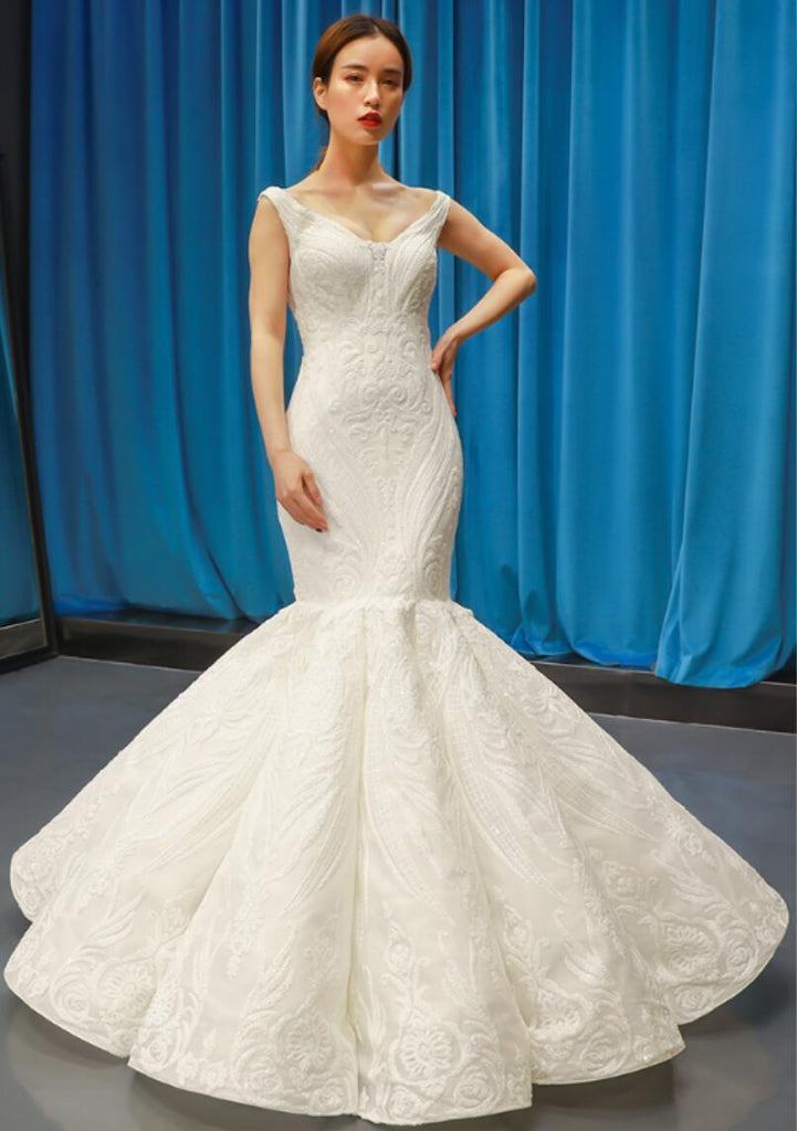 Popular V Neck Lace Mermaid Wedding Dresses, Cheap Wedding Gown, WD724