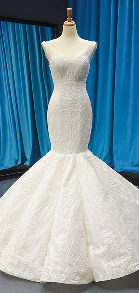 Popular V Neck Lace Mermaid Wedding Dresses, Cheap Wedding Gown, WD724