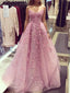 Popular V Neck Lace Pink A line Long Evening Prom Dresses, 17471