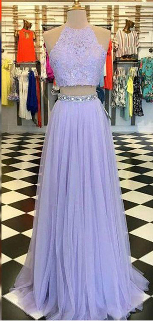 Purple A-line Halter Two Pieces Maxi Long Prom Dresses,Evening Dresses,12920