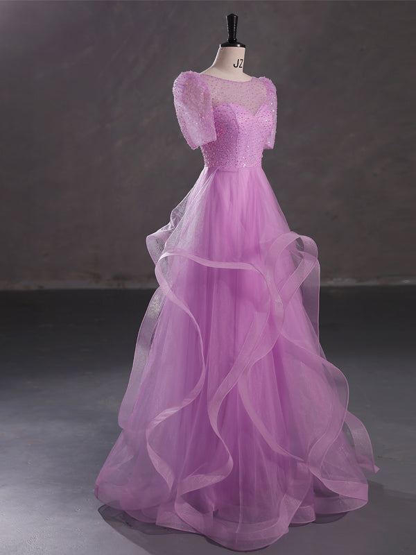 Purple A-line Short Sleeves Jewel Cheap Long Prom Dresses Online,12790