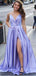 Purple A-line Spaghetti Straps High Slit V-neck Cheap Long Prom Dresses,12698