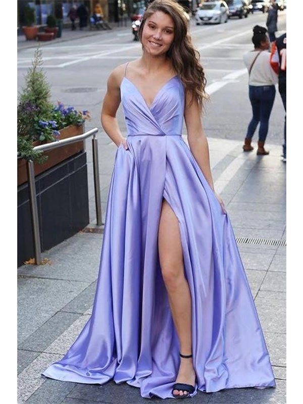 Purple A-line Spaghetti Straps High Slit V-neck Cheap Long Prom Dresses,12698