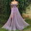 Purple A-line Spaghetti Straps Off Shoulder High Slit Long Prom Dresses Online,12600