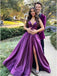 Purple A-line Spaghetti Straps V-neck High Slit Long Party Prom Dresses,Cheap Prom Dresses,12358