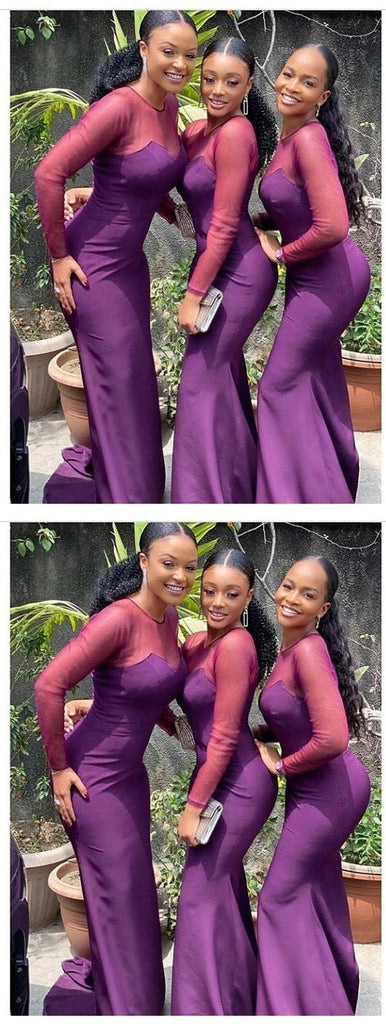 Purple Mermaid Jewel Long Sleeves Cheap Bridesmaid Dresses Online,WG1381