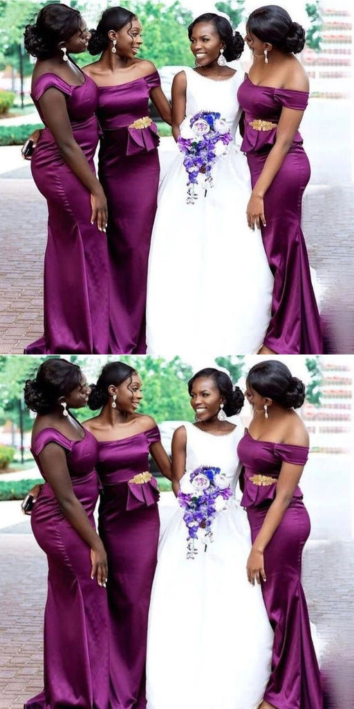 Purple Mermaid Off Shoulder Cheap Long Bridesmaid Dresses,WG1274