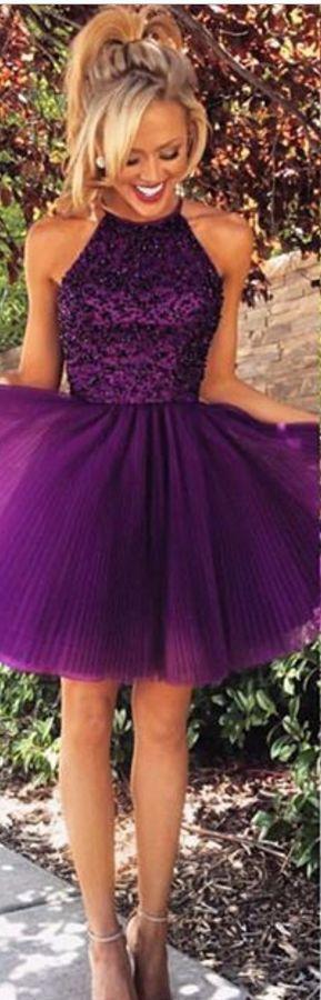 Purple Sexy Open back Halter Beaded homecoming prom dresses, CM0022