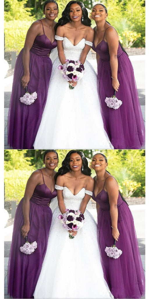 Purple Spaghetti Straps V-neck A-line Cheap Long Bridesmaid Dresses Online,WG1462